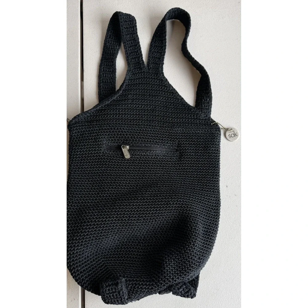 The Sak Black Crochet Knit Backpack Boho‎ Casual Zip Pocket Bag